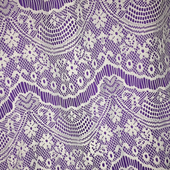 Purple dress with white lace over. Knee-length. Button up back. - Picture 3 of 3